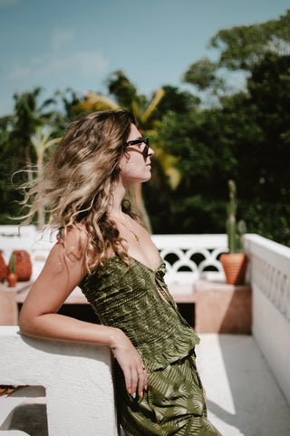 Tropical Green Sunset Zigzag Bandeau Ruffle Top