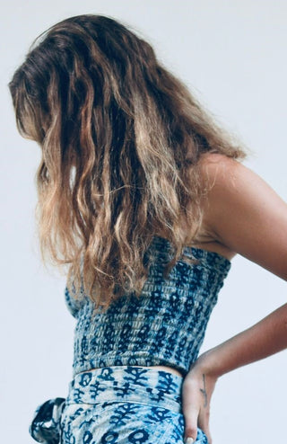 Indigo Blue Grunge Abstract Daisy Bandeau Crop Top