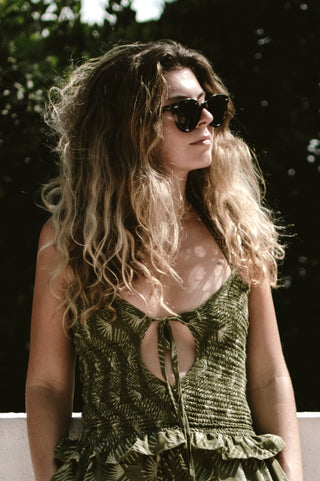 Tropical Green Sunset Zigzag Bandeau Ruffle Top