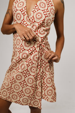 Geometric Bloom Cinnabar Mini Wrap Sun Dress
