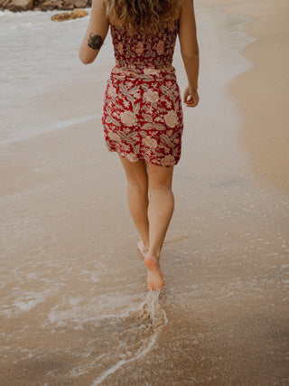 Winterberry Red Vintage Floral Wrap Skirt