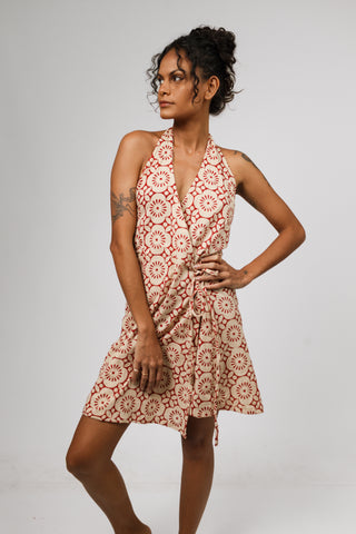 Geometric Bloom Cinnabar Mini Wrap Sun Dress