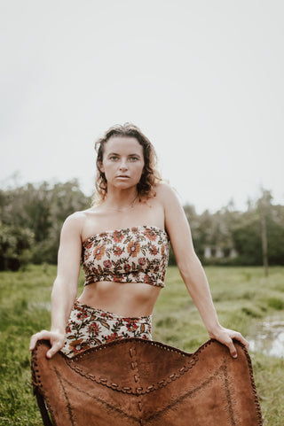 Beige Vintage Floral Bandeau Crop Top