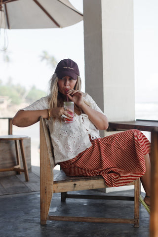 Red Stripe Cotton Midi Skirt