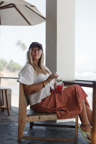 Red Stripe Cotton Midi Skirt