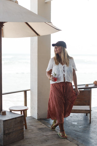 Red Stripe Cotton Midi Skirt