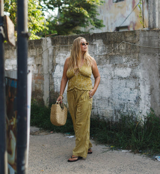 Yellow Stripe Wide-Leg Cotton Trousers