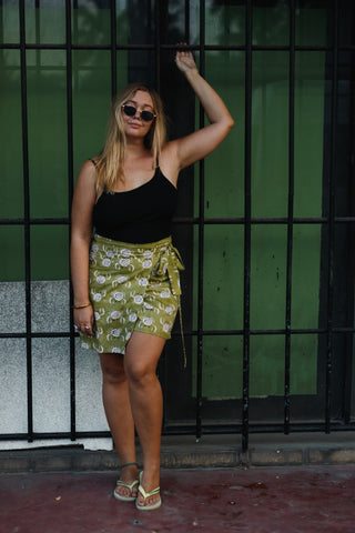 Green Crab Print Cotton Wrap Skirt