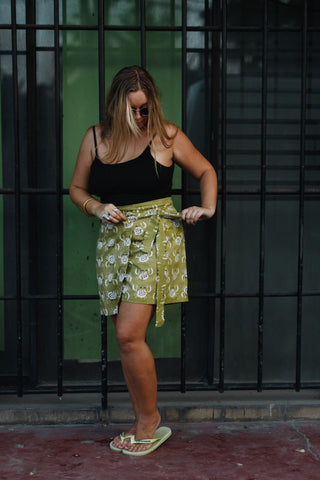 Green Crab Print Cotton Wrap Skirt