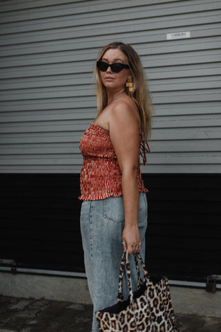 Red Stripe Shirred Bandeau Top