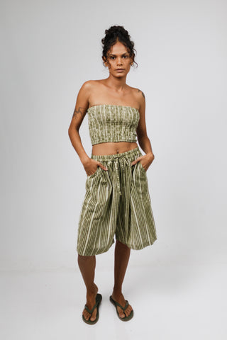 Earthy Olive Green Pinstripe Bandeau Crop Top