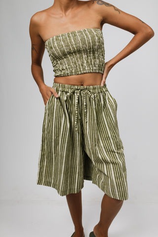 Earthy Olive Pinstripe Long Bermuda Shorts