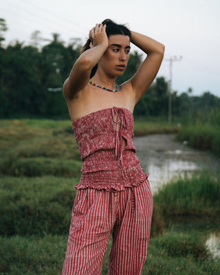 Berry Pinstripe Wide-Leg Cotton Trousers