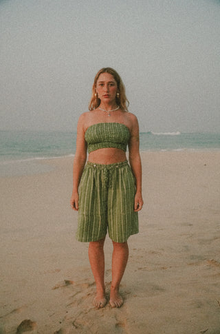 Green Stripe Cotton Bermuda Shorts