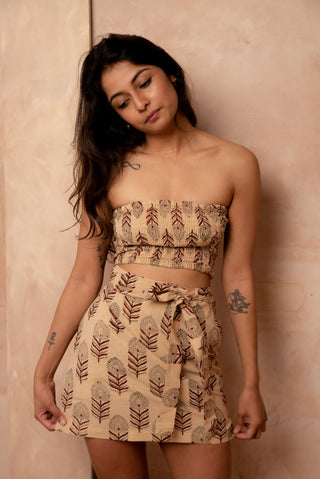 Beige Peacock Feather Bandeau Crop Top
