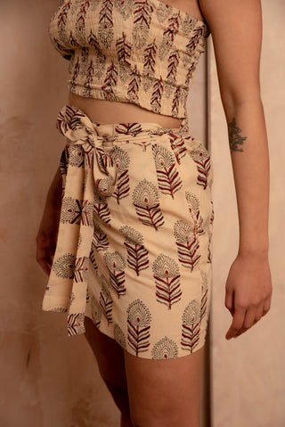 Beige Peacock Feather Bandeau Crop Top