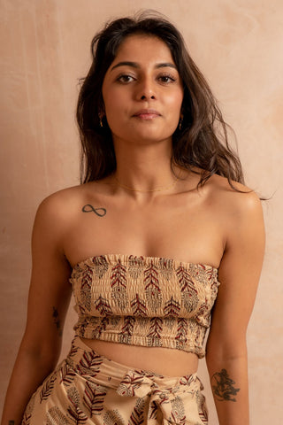 Beige Peacock Feather Bandeau Crop Top