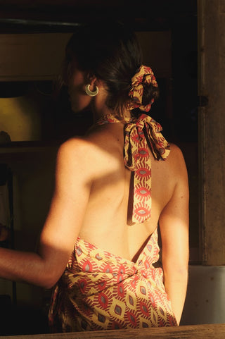 Red and Yellow Diamond Halterneck Wrap Dress