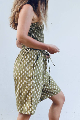 Pear Flower Bright Olive Green Geometric Long Bermuda Shorts