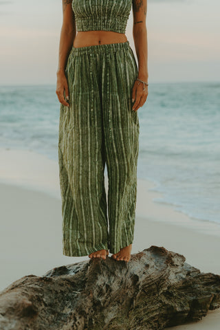 Olive Pinstripe Wide-Leg Cotton Trousers