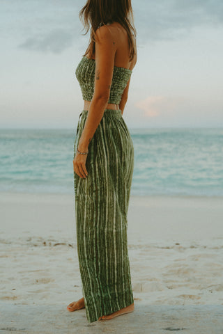 Olive Pinstripe Wide-Leg Cotton Trousers