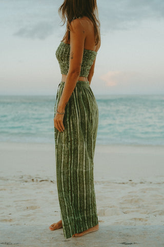 Green Stripe Wide-Leg Cotton Trousers