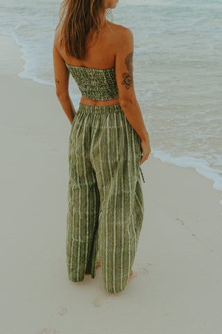 Olive Pinstripe Wide-Leg Cotton Trousers