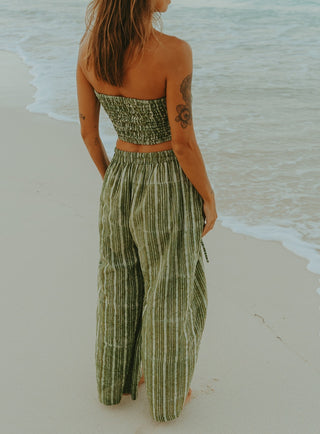 Green Stripe Wide-Leg Cotton Trousers