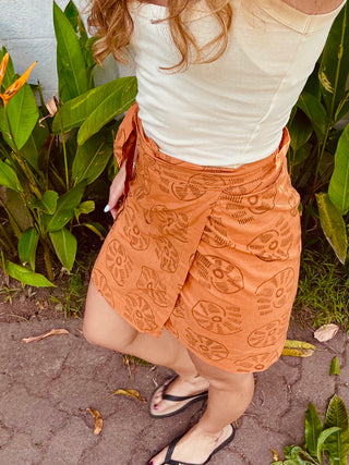 Orange Shell Print Cotton Wrap Skirt
