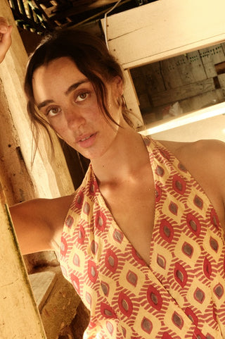 Red and Yellow Diamond Halterneck Wrap Dress
