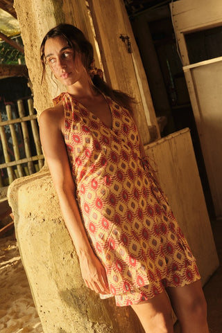 Red and Yellow Diamond Halterneck Wrap Dress