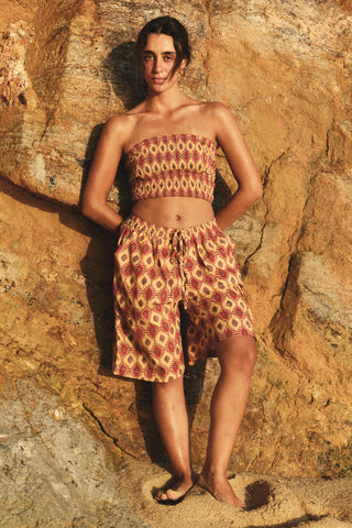 Red and Yellow Diamond Geometric Bandeau Crop Top