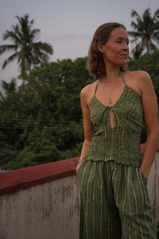 Green Stripe Shirred Bandeau Top
