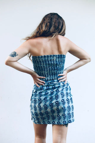 Indigo Blue Grunge Abstract Daisy Bandeau Crop Top