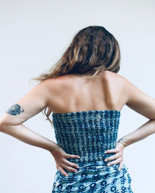 Indigo Blue Grunge Abstract Daisy Bandeau Crop Top