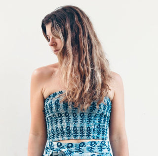 Indigo Blue Grunge Abstract Daisy Bandeau Crop Top