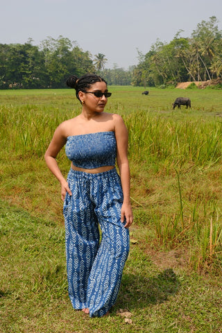 Blue Arrow-Print Wide-Leg Cotton Trousers