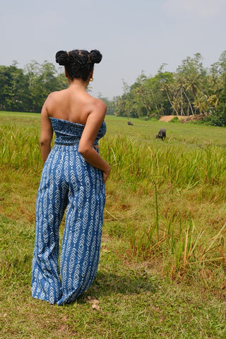 Blue Arrow-Print Wide-Leg Cotton Trousers
