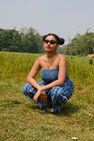 Blue Arrow-Print Wide-Leg Cotton Trousers