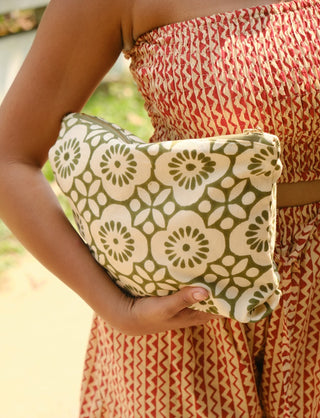 Floral Olive Green Cotton Toiletry Bag