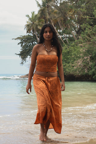 Orange Shell Print Cotton Midi Skirt