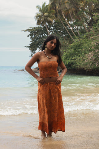 Orange Shell Print Cotton Midi Skirt
