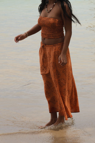 Orange Shell Print Cotton Midi Skirt