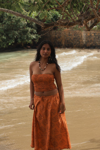 Orange Shell Print Cotton Midi Skirt