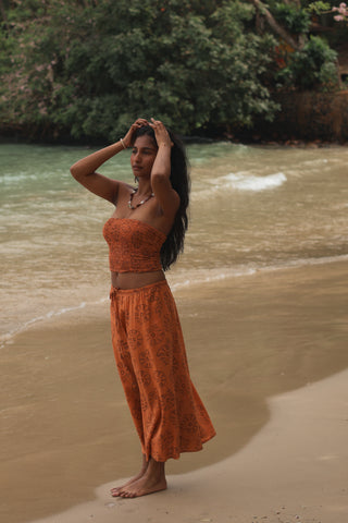 Orange Shell Print Cotton Midi Skirt