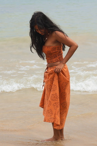 Orange Shell Print Cotton Midi Skirt