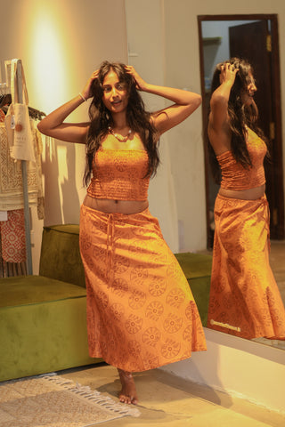 Orange Shell Print Cotton Midi Skirt