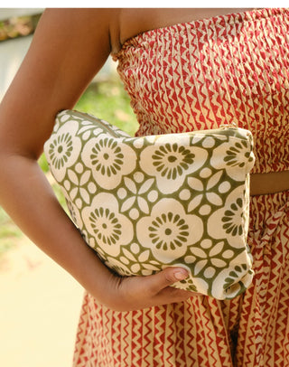 Floral Olive Green Cotton Toiletry Bag